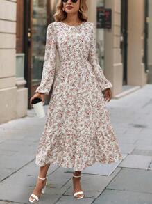 SHEIN Clasi Women's Round Neck Ditsy Floral Long Sleeve Holiday Dress Maxi Women Outfit