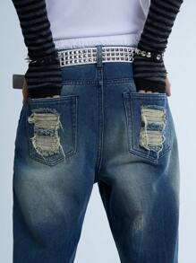 Manfinity Denimwave Y2K Retro Street Style Men's Dark Blue Washed Vintage Denim Dirty Pants With Flares And Worn-Out Look