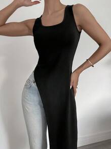 Siren Gaze New Spring Summer Sleeveless Dark Style Super Long Split Hem Women's Tank Top Black Casual - Black - View 5