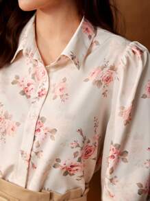 Vintamour Vintage Elegant Women's Rose Floral Printed Long Sleeve Shirt, Woven Collar, Apricot Color For Casual, Work And Vacation Back To School Women Shirts Women Tops Fall Tops Fall Women Outfits Back To School Clothes Fall Outfits Fall Shirts Long Sleeve Women Shirts Long Sleeves Woman Office Wear Fall Clothes Collared Women Shirt Beige Shirt Fall Women Shirts Pink Shirt