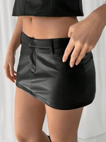 Aloruh 女性純色PU材質性感短裙 - 黑色 - 查看 4