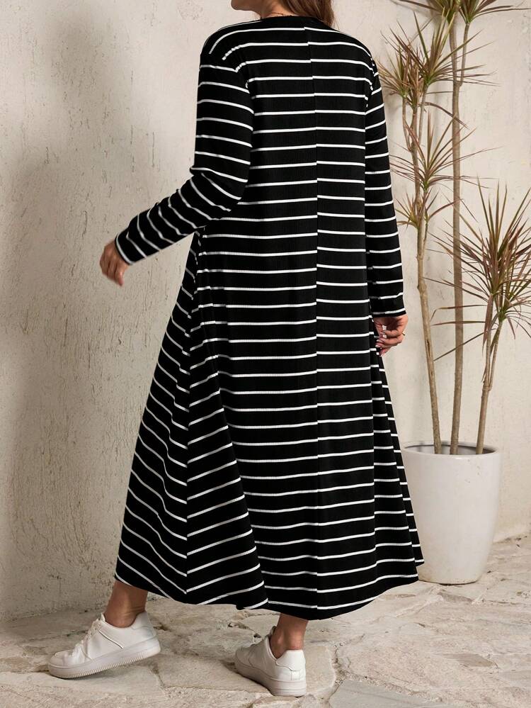 Women's Plus Size Long Sleeve Striped Long Dress With Pockets,Spring/Summer/Vacation