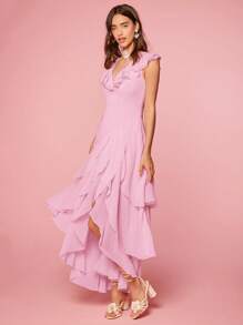 Enchnt 女士 Masson 連身裙純色 V領 荷葉邊 時尚夏季休閒裝 - 粉色 - 查看 5