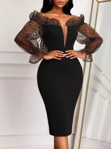 SHEIN Lady 生日派对礼服婚礼宾客礼服女士豹纹荷叶边单肩灯笼袖黑色连衣裙露肩连衣裙优雅晚礼服 - 彩色 - 查看 1
