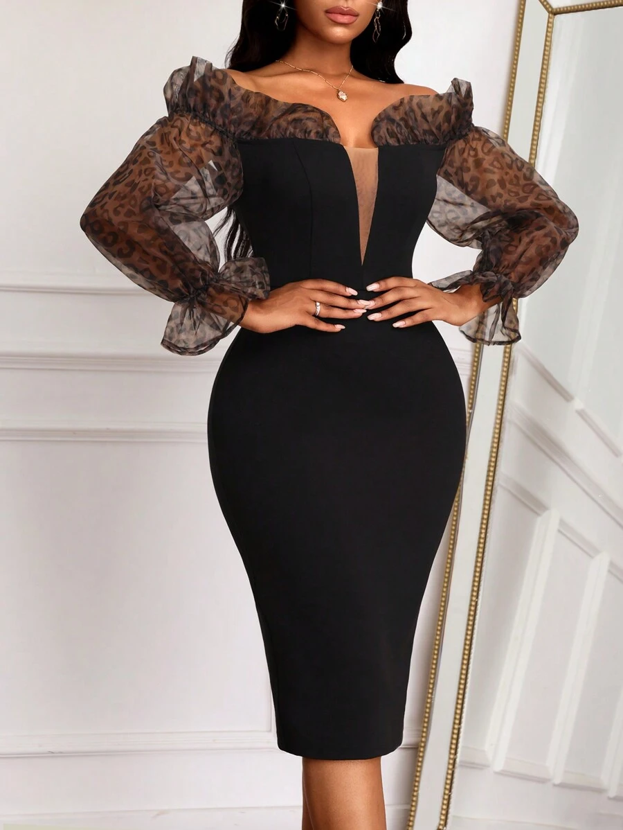 SHEIN Lady 生日派对礼服婚礼宾客礼服女士豹纹荷叶边单肩灯笼袖黑色连衣裙露肩连衣裙优雅晚礼服 - 彩色 - 查看 1