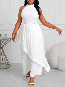 SHEIN Lady Plus Size Women's Summer Business Professional White Asymmetrical Jumpsuit - White - View 5