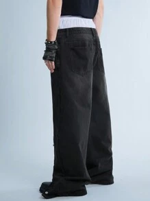 Manfinity Denimwave Jeans de mezclilla negra de pierna ancha para hombre con estilo retro callejero Y2K, diseño de parches especiales y botones, pantalones vaqueros holgados
