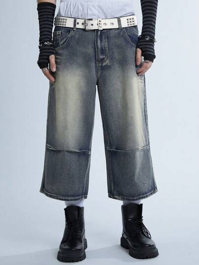 Manfinity Roghcode Y2K 复古男士浅蓝色复古两色牛仔短裤 JORTS