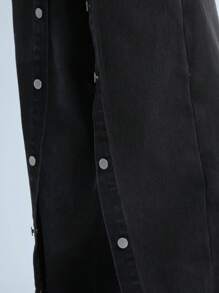 Manfinity Denimwave Jeans de mezclilla negra de pierna ancha para hombre con estilo retro callejero Y2K, diseño de parches especiales y botones, pantalones vaqueros holgados
