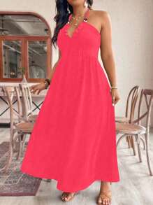 SHEIN Clasi Plus Tie Backless Halter Solid Dress For Holiday Maxi Women Outfit - Pink - View 4