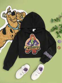 SCOOBY-DOO X SHEIN Tween Girl Cartoon Letter Printed Cropped Sweatshirt - Black - View 1
