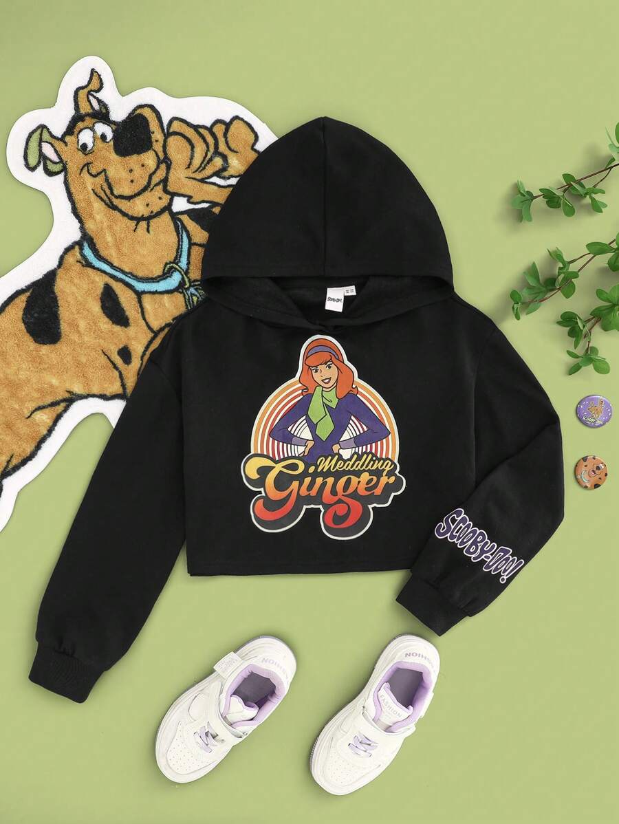 SCOOBY-DOO X SHEIN Tween Girl Cartoon Letter Printed Cropped Sweatshirt - Black - View 1