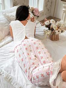 CottageSlumber Cổ chữ V hở lưng ngắn tay Ditsy Quần dài hoa Jacquard Plus Size Bộ đồ ngủ Bộ Pyjama Set Bộ màu trắng - trắng - Xem 1