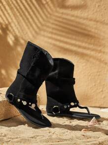 Styleloop Dames effen kleur teenslipper zijrits enkellaarsjes en korte laarzen