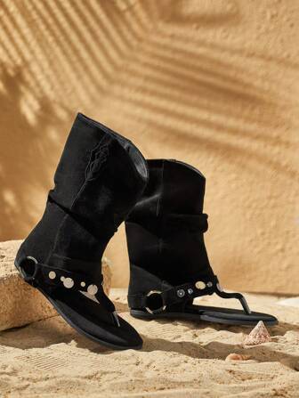 Styleloop Women's Solid Color Thong Side Zipper Ankle Boots And Short Boots