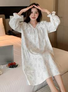 DAZY 叶子印花飘逸V领睡裙睡衣 - 白色 - 查看 7