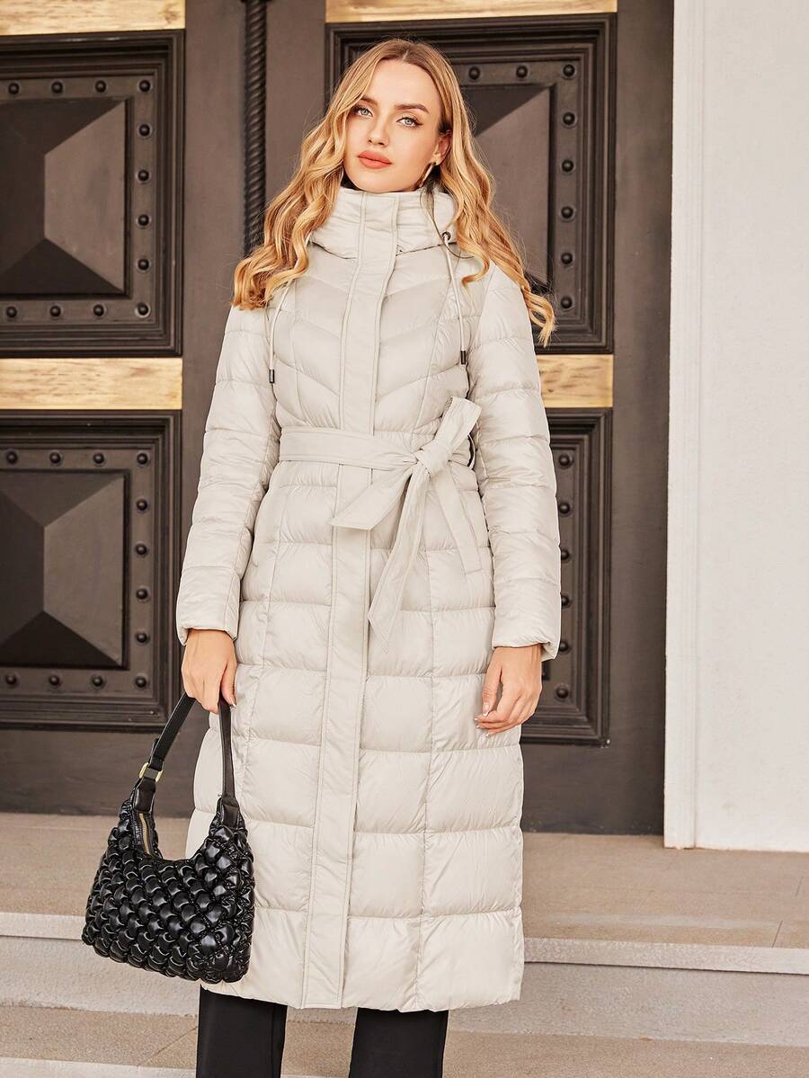 ZIAI High Quality Solid Color Hooded Slim Fit Long Down Jacket, Winter - Beige - View 1