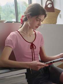 Simple Retro 女性圓領拉繩拼色針織T卹，夏季 - 粉色 - 查看 5