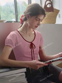 Simple Retro Women Round Neck Drawstring Color Block Knitted T-Shirt, Summer
