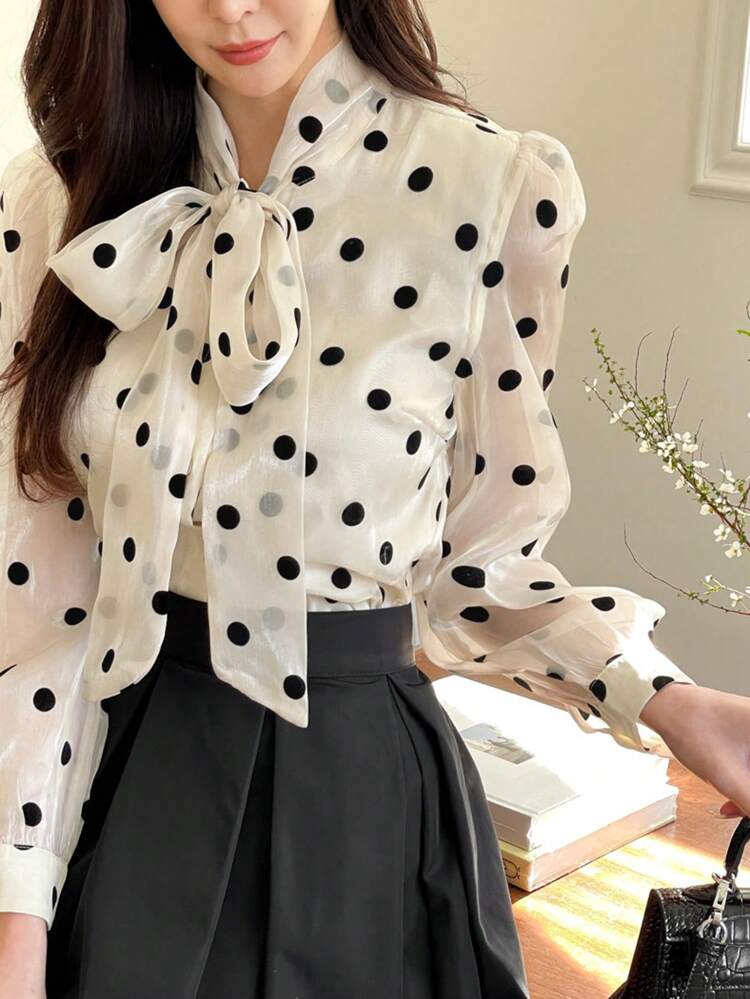 Women's Polka Dot Bow Ribbon Button-Down Shirt Long Sleeve Top
