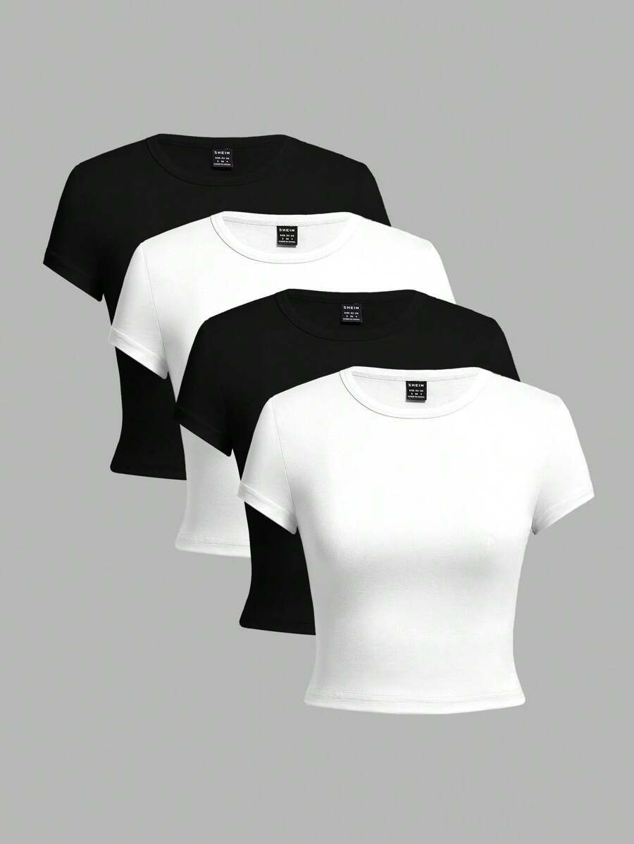 SHEIN EZwear Camiseta casual minimalista de mujer con cuello redondo en color negro y blanco de manga corta y ajustada, adecuada para el verano - Multicolor - Ver 1