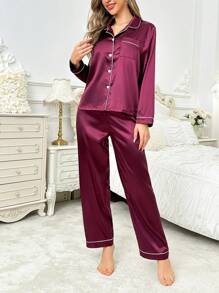 女士简约日常长袖上衣和裤子睡衣套装，秋冬服装 - 乾枯玫瑰色 - 查看 5