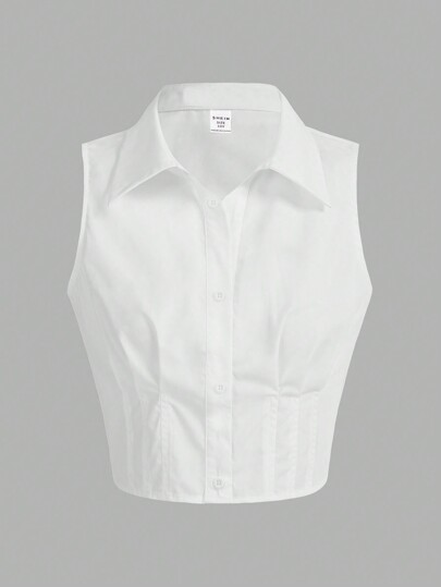 SHEIN Girlism Tween Girl Loose Casual Woven Shirt Collar Waist Drawstring Back To School Season White Sleeveless Shirt