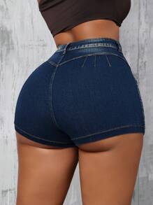 SHEIN SXY Plus Size Women's Solid Color Simple Style Denim Shorts, Daily Wear - Dark Wash - View 2