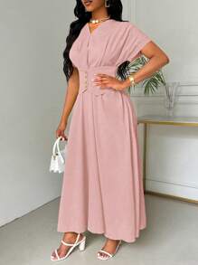 Chiquease Solid Batwing Sleeve Waist-Cinching A-Line Dress - Pink - View 3