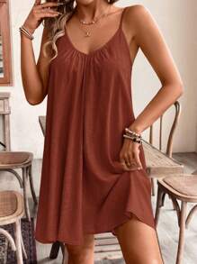 SHEIN Frenchy Linen Holiday Loose Dress Casual Solid Color Spaghetti Strap Dress, Suitable For Summer Comfortable And Breathable To Wear Comfortable - Brown - View 2