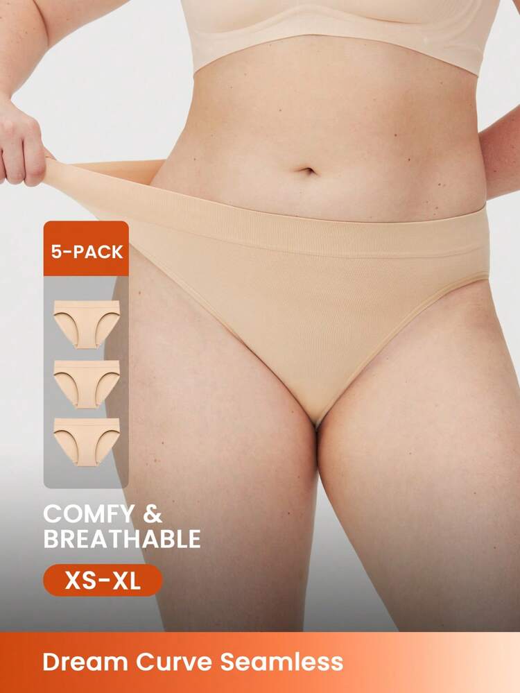 3-Pack Mid Waist Seamless Basic Briefs Women Underwear Panties Set-All Nude