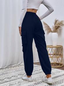 SHEIN Unity 女性高腰直筒休閒時尚百搭長褲，附口袋 - 藍色 - 查看 2