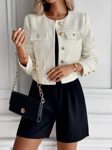 SHEIN Clasi 女裝純色簡約日常穿搭斜紋外套 - 杏色 - 查看 3