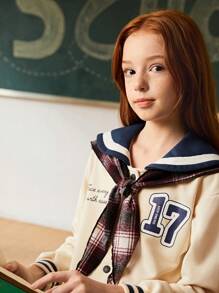SHEIN Explorewe Tween Girls Casual College Navy Collar Plaid Scarf Letter Printed Baseball Jacket - Multicolor - View 6