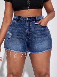 SHEIN SXY Plus Size Frayed Edge Casual Summer Denim Shorts - Blue - View 1
