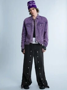 Manfinity Denimwave Jeans de mezclilla negra de pierna ancha para hombre con estilo retro callejero Y2K, diseño de parches especiales y botones, pantalones vaqueros holgados