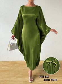 Calvaya Vestido de mujer con cuello redondo, mangas de murciélago, unicolor, estilo holgado y casual, conjunto con vestido largo para ocasiones festivas