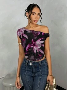 SHEIN BAE 女士秋季粉色印花不对称领口镂空荷叶边下摆黑色上衣 - 白色 - 查看 1