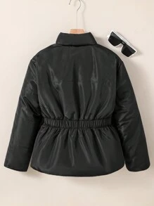 SHEIN Solid Color Simple Style Long Sleeve Padded Coat For Tween Girls, Daily Wear - Black - View 2