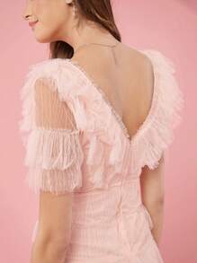 Enchnt 女士純色V領荷葉邊短袖連衣裙