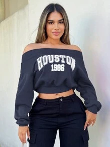 SHEIN SXY Lente off-shoulder korte damessweatshirt met letterprint
