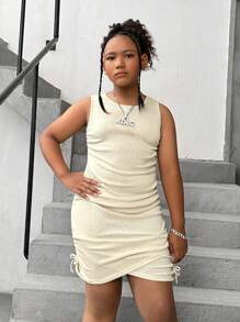 SHEIN Tween Girl Extended Size Casual Sleeveless Dress With Side Pleats, Round Neck And Silhouette, Multi-Pack