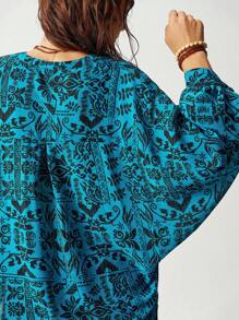 Bohemela Vacation Blue Retro Printed Loose Fit Women's Long Sleeve Shirt, Fall