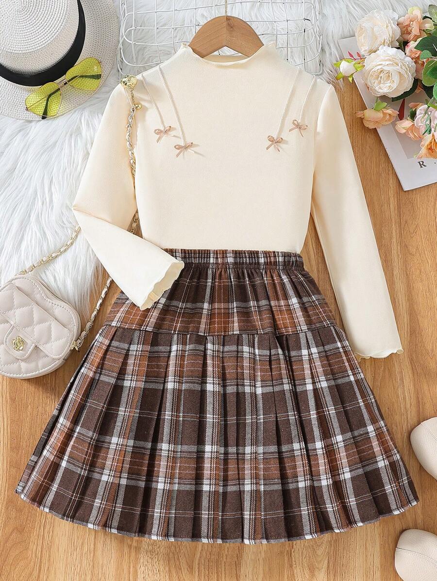 Conjunto para niña preadolescente con blusa de manga larga con cuello de encaje, decoración de lazo y falda a cuadros plisada - Albaricoque - Ver 1