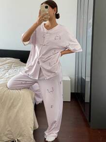 DAZY 女士中国风满版竹节印花落肩上衣和裤子睡衣套装 - 米色 - 查看 6