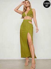 Hauture Set áo crop top & váy xẻ tà hai mảnh - Màu xanh Ô liu - Xem 1