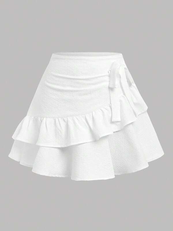 SHEIN Girlism Teen Girls White Woven Texture Crinkled Holiday Skirt With Ruffle Trim And Bow Tie, Solid Color