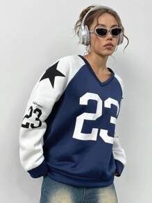 StreetHx V-Neck Color Block Contrast Print Casual Sweatshirt With Raglan Sleeve Design Pullover Fall Outfit