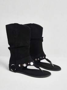 Styleloop Dames effen kleur teenslipper zijrits enkellaarsjes en korte laarzen