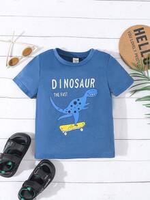 Playera azul linda de verano con estampado de dinosaurio y patín para niños - Azul Marino - Ver 6